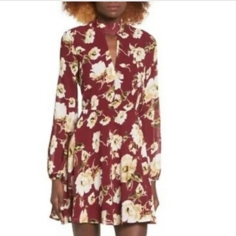 LUCCA Burgundy & Ivory Floral Halter Dress | Size Large (D206)